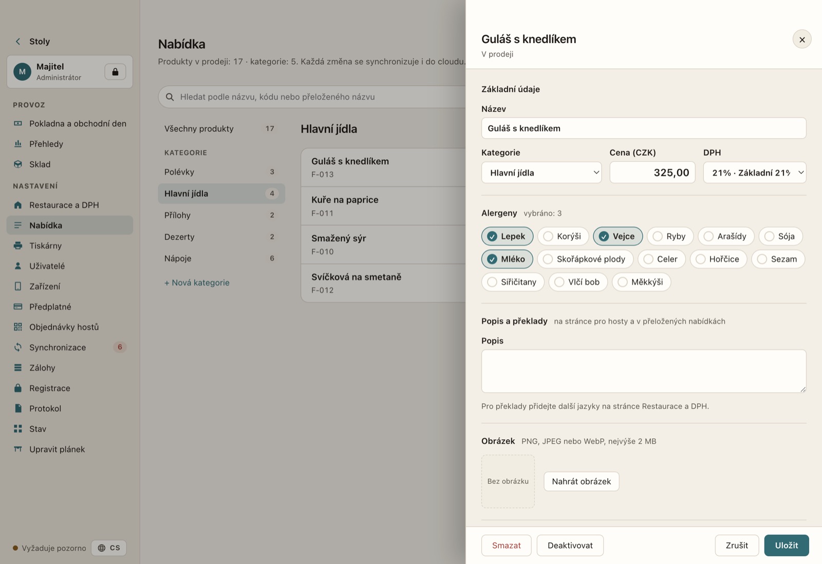 Editor menu s kategoriemi, cenami a alergeny