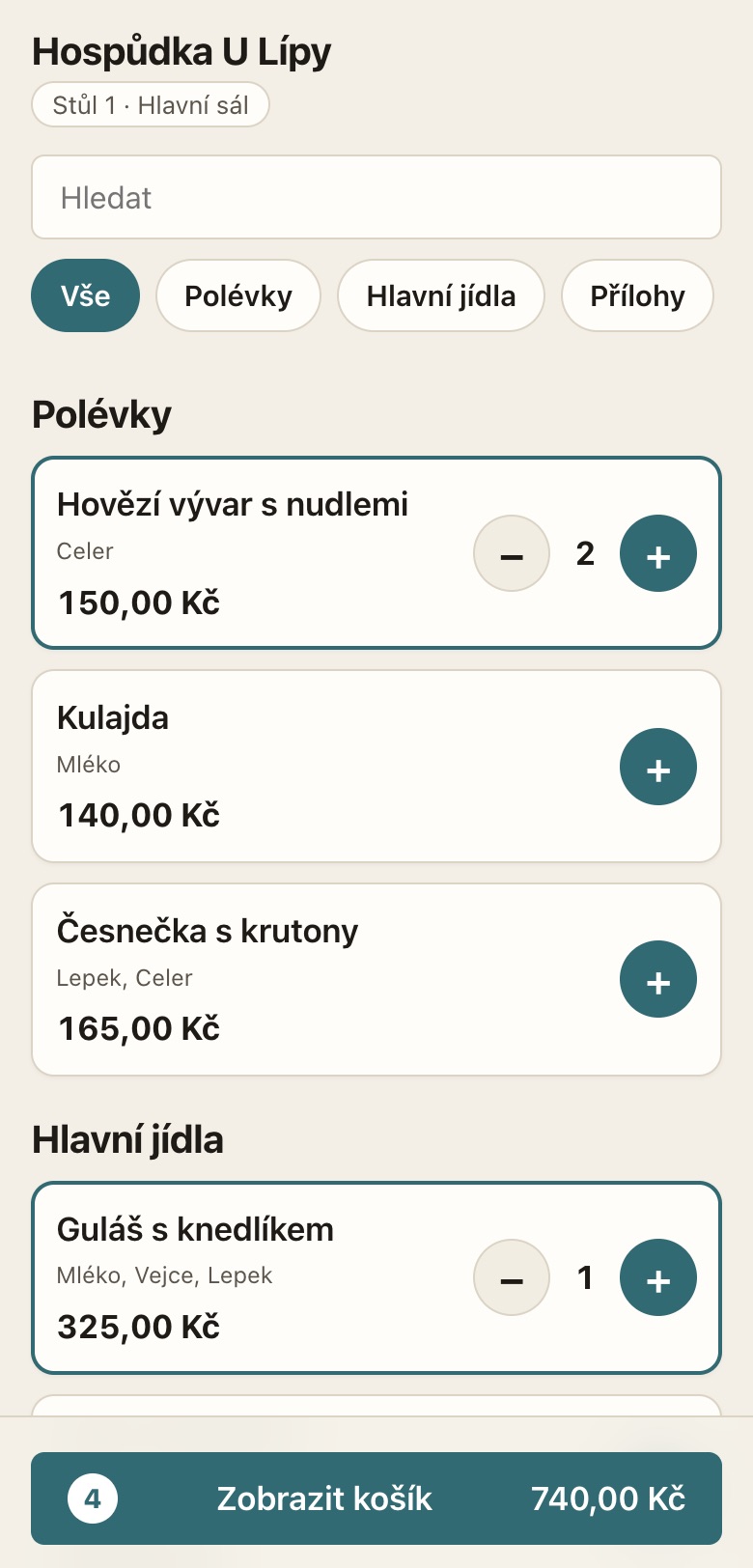 Stránka objednávek hostů na telefonu