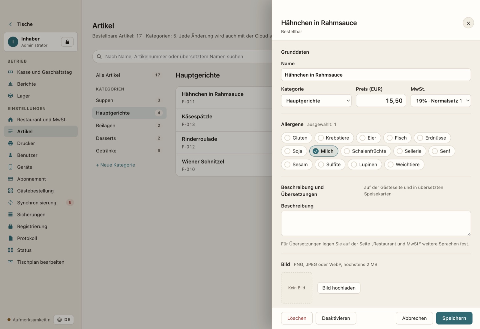 Karteneditor mit Kategorien, Preisen und Allergenen