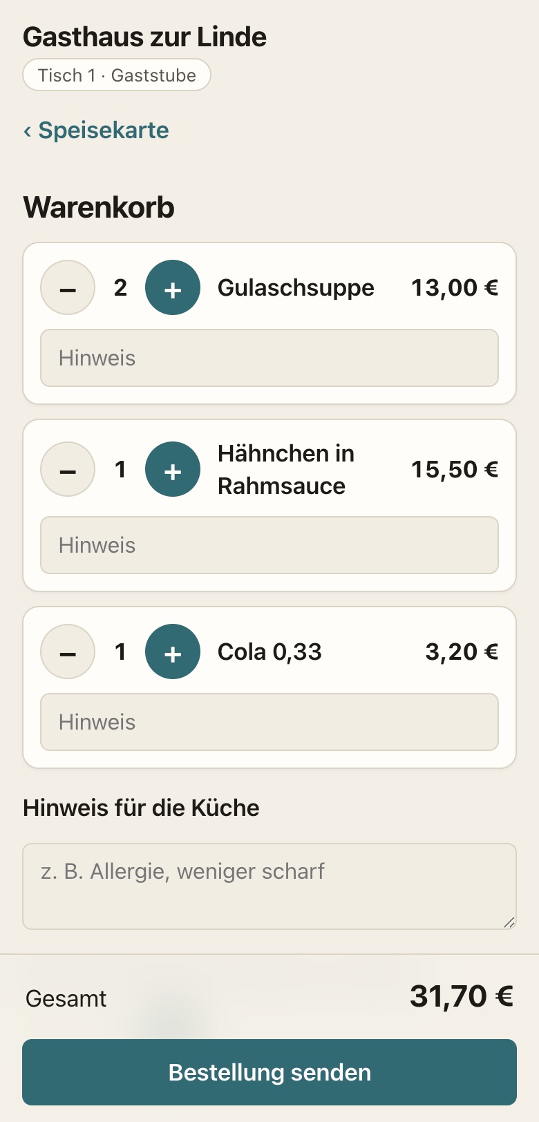 Warenkorb des Gastes vor dem Absenden