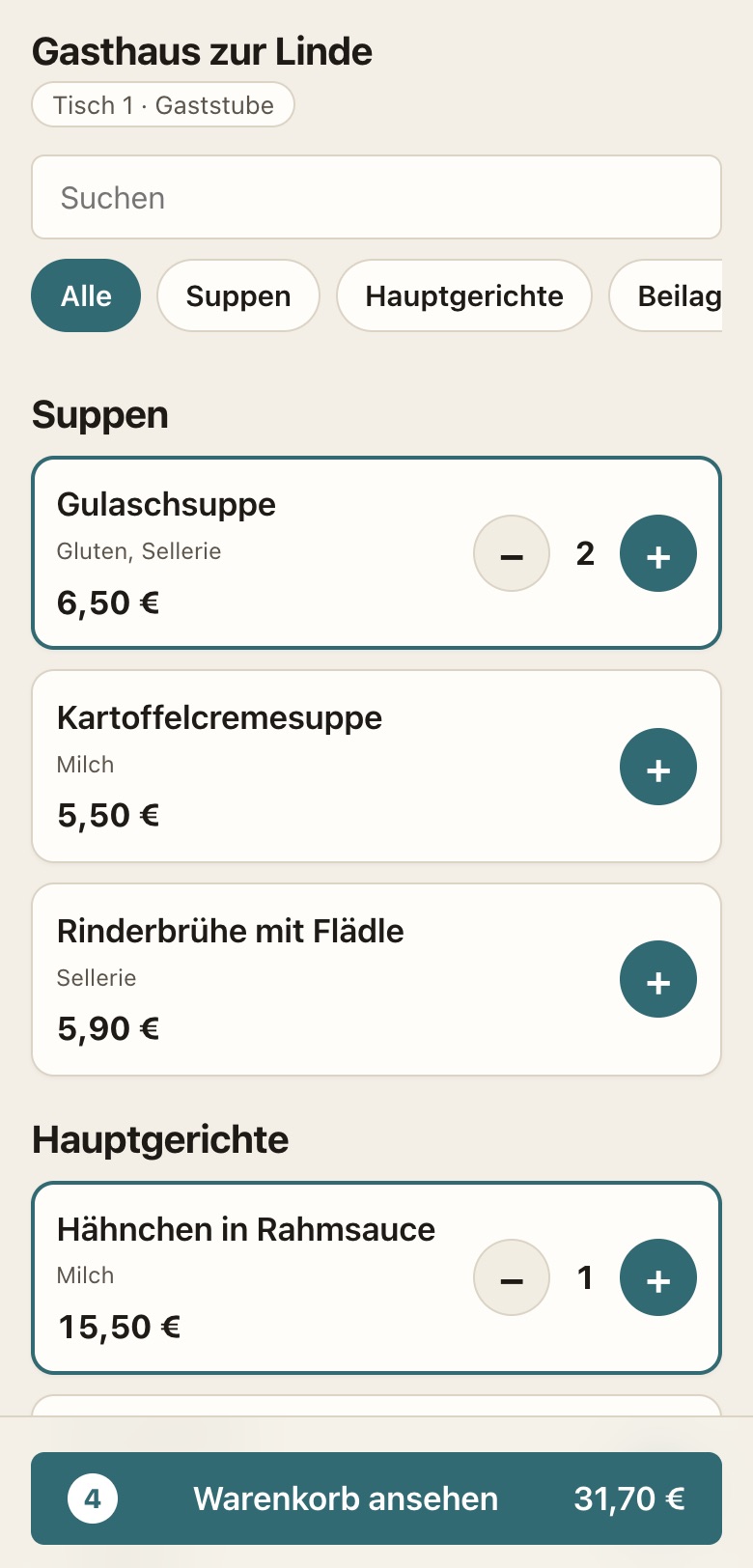 Gastbestellseite auf einem Telefon