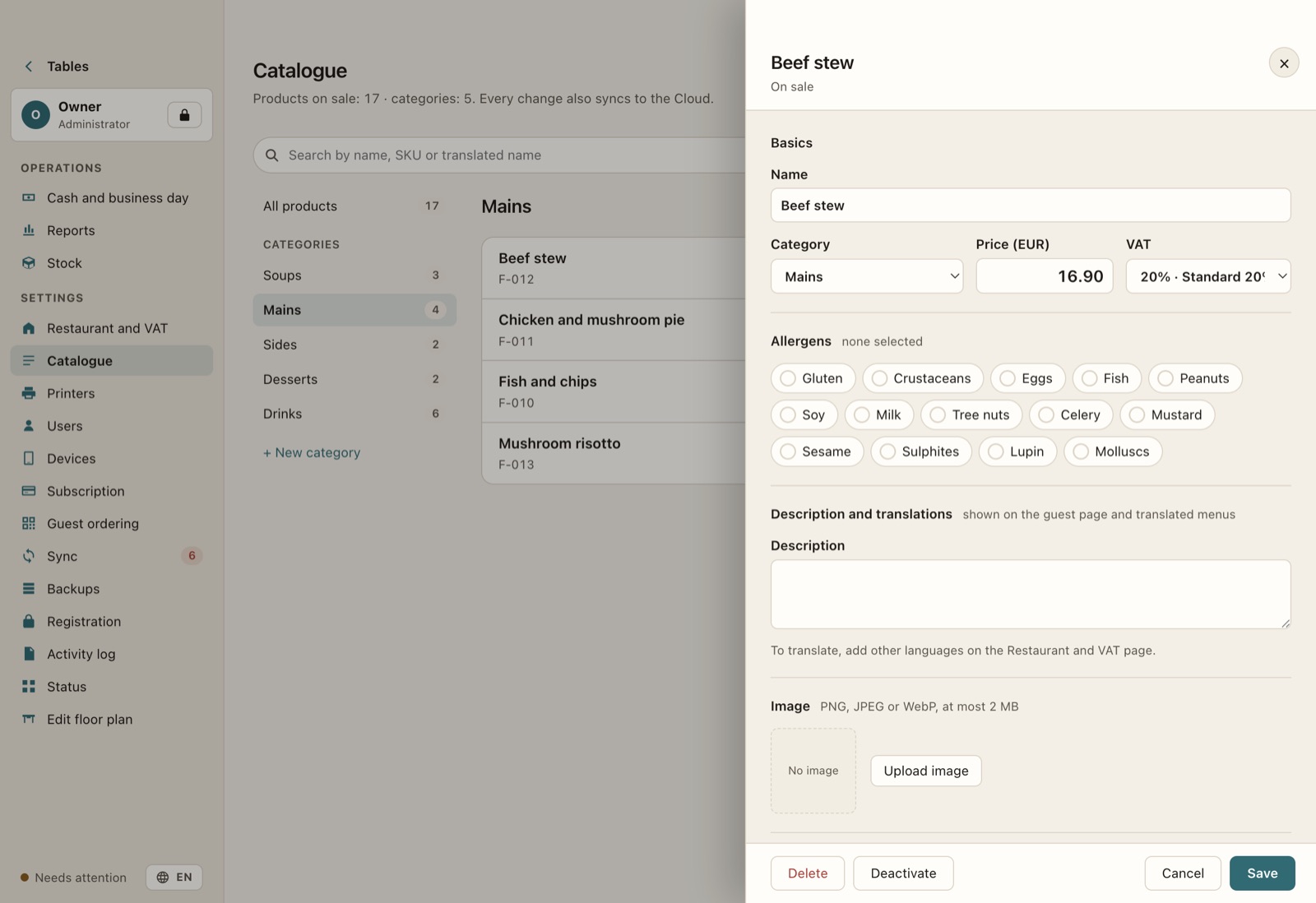 Menu editor with categories, prices and allergens