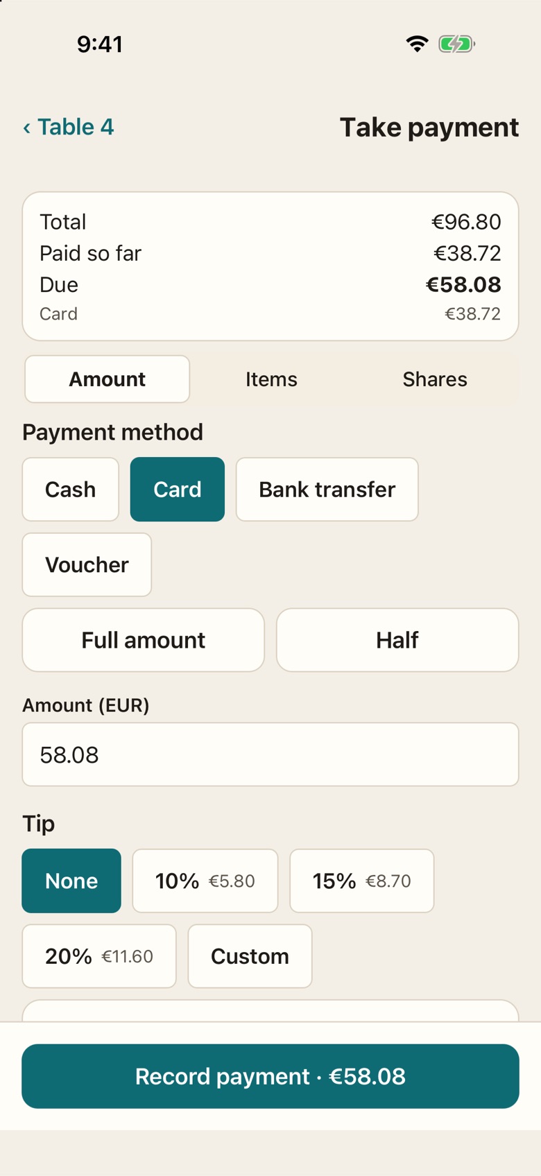 Taking a payment at the table on a phone