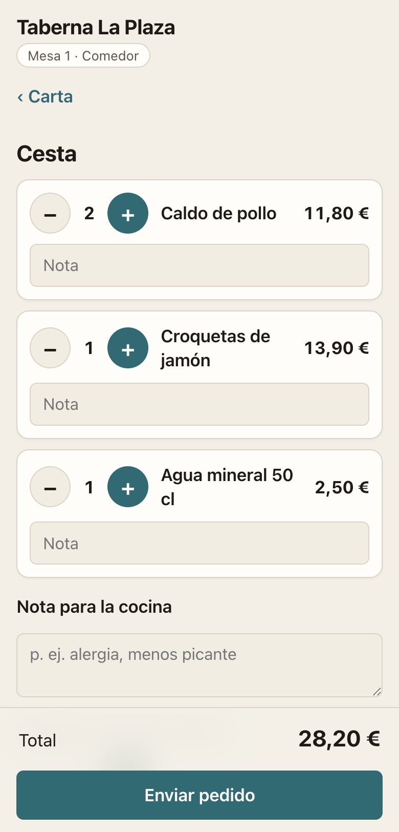 Cesta del cliente antes de enviar el pedido