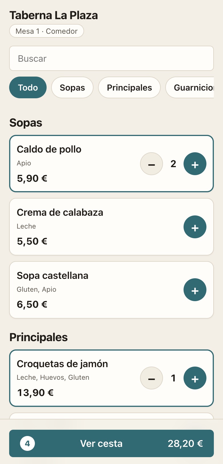 Página de pedidos del cliente en un teléfono