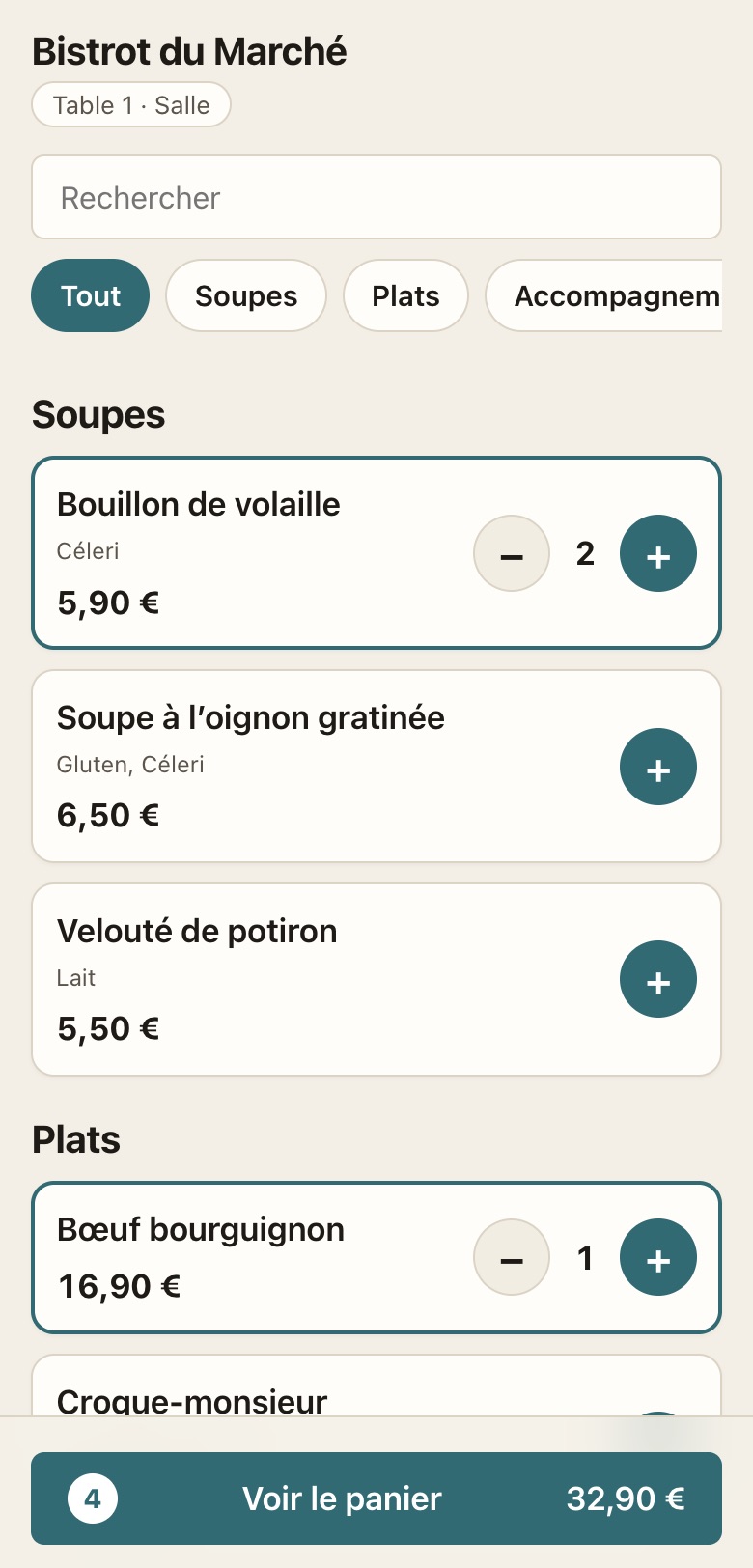 Page de commande client sur un téléphone