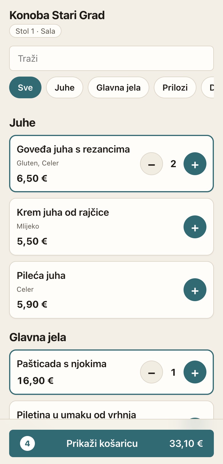 Stranica za narudžbe gostiju na telefonu