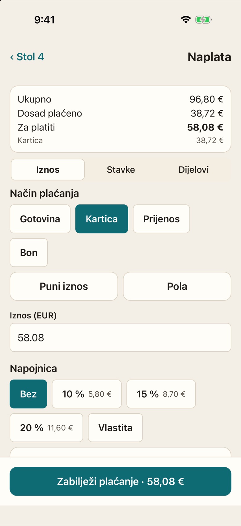 Naplata za stolom na telefonu