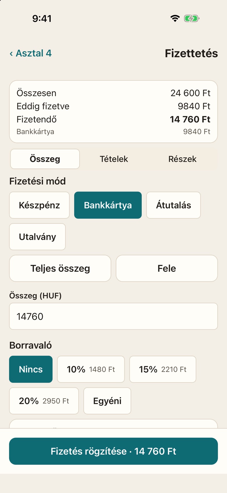 Fizetés felvétele az asztalnál telefonon