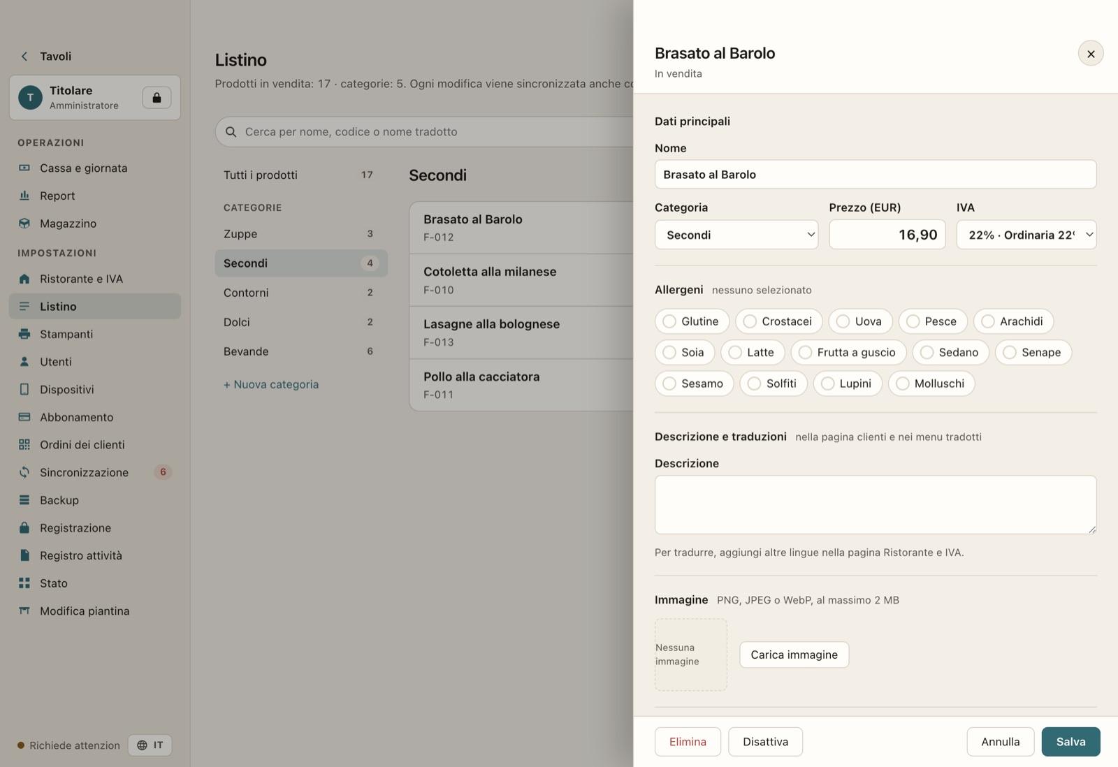 Editor del menu con categorie, prezzi e allergeni