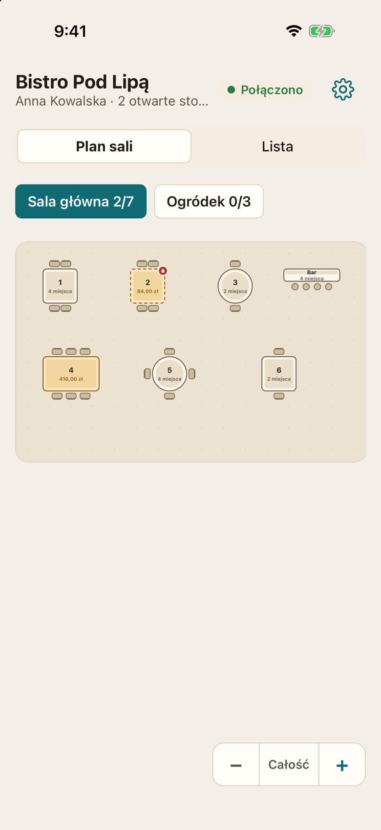 Plan sali w telefonie kelnera