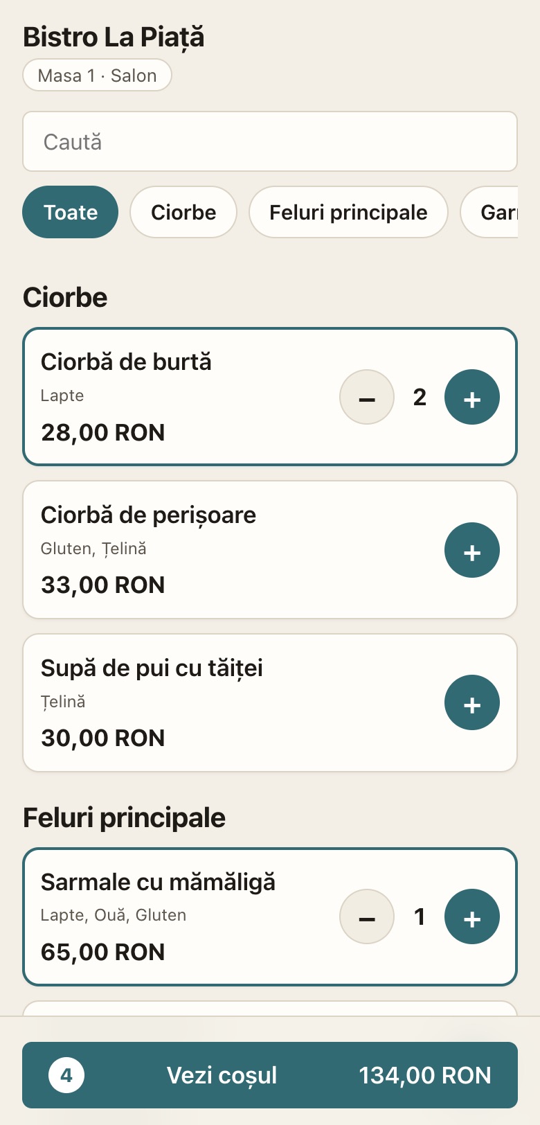 Pagina de comenzi pentru clienți pe telefon