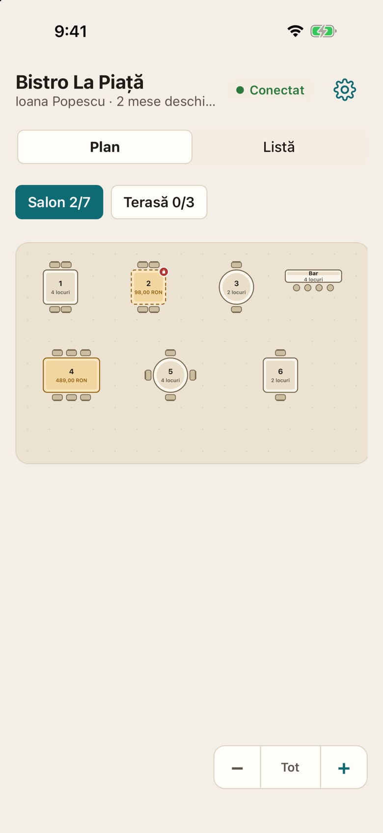 Planul sălii pe telefonul ospătarului