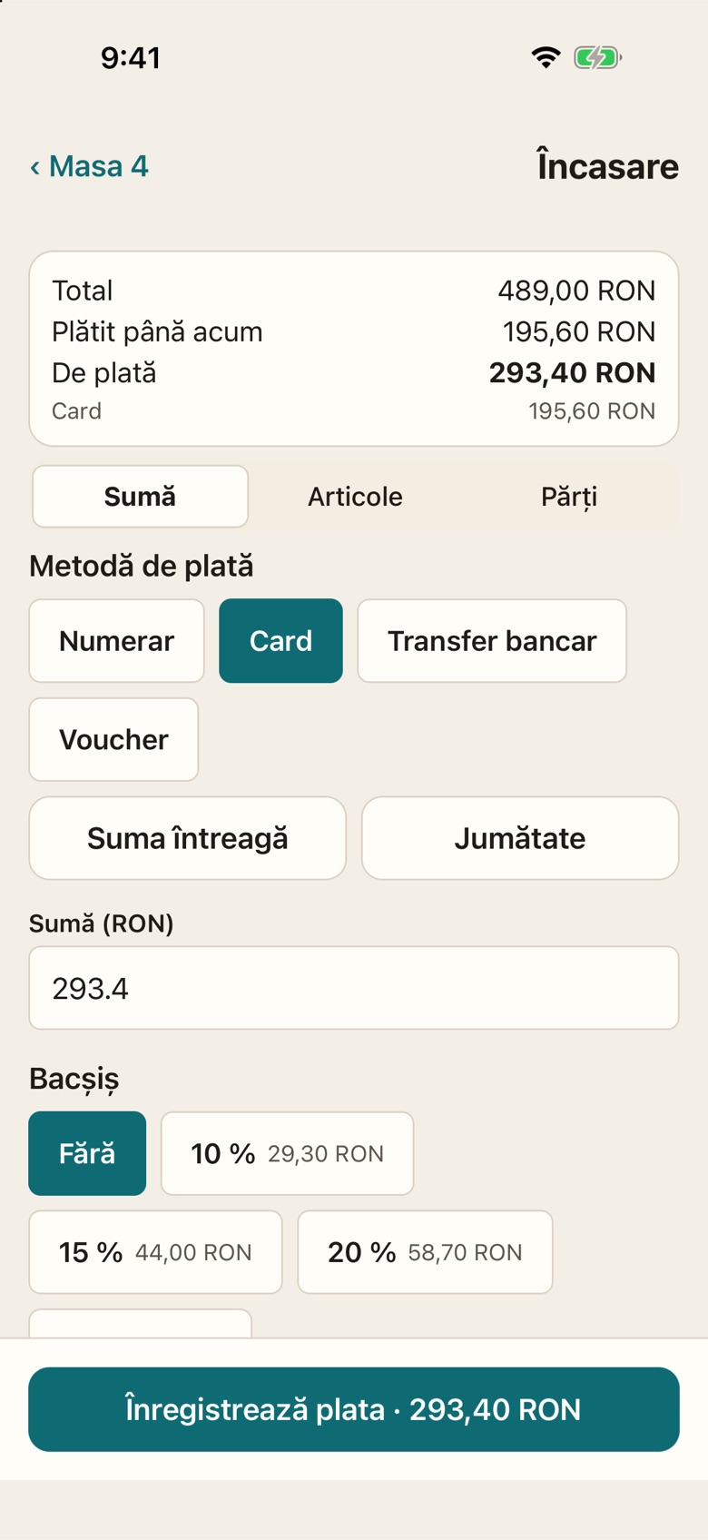 Încasare la masă pe telefon