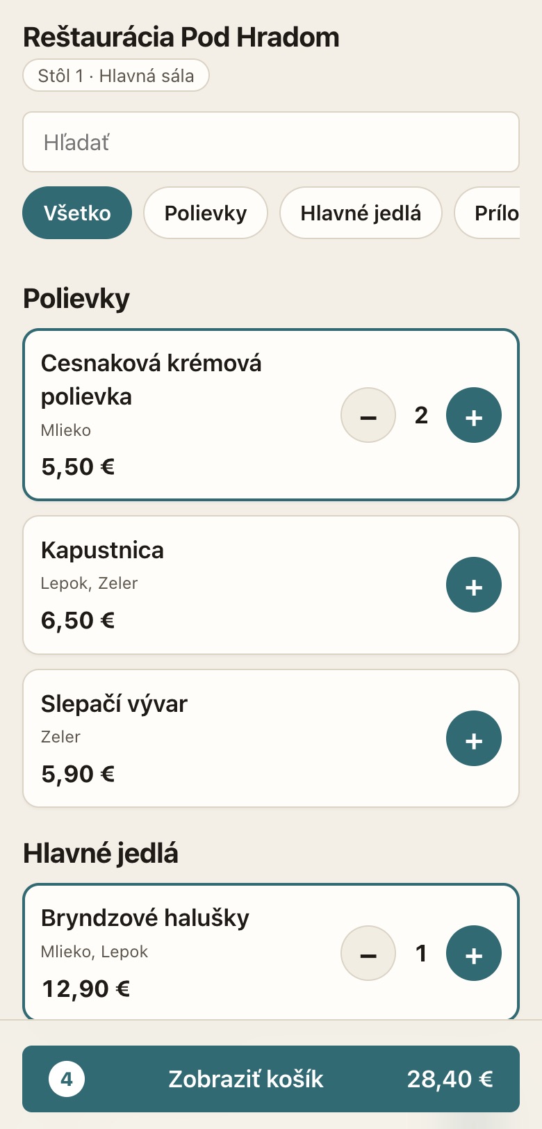 Stránka objednávok hostí na telefóne